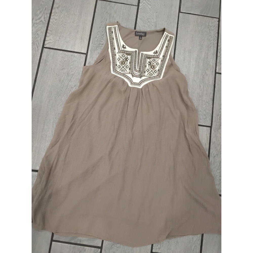 Luxology Womens Taupe Brown Embroidered Bib Neck Sleeveless Shift Dress Size 8